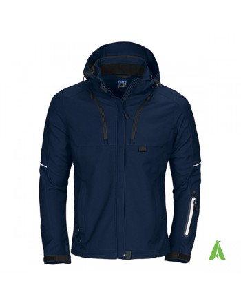 Giacca softshell da donna blu navy con cappuccio, triplo strato impermeabile e traspirante per aziende e ricamo su misura.