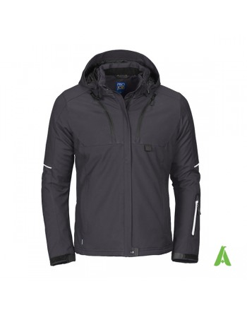 Giacca softshell grigia da donna, con cappuccio, triplo strato impermeabile e traspirante per aziende e ricamo su misura.