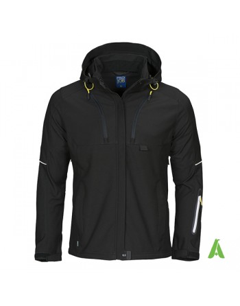 Giacca softshell da donna nera con cappuccio, triplo strato impermeabile e traspirante per aziende e ricamo su misura.
