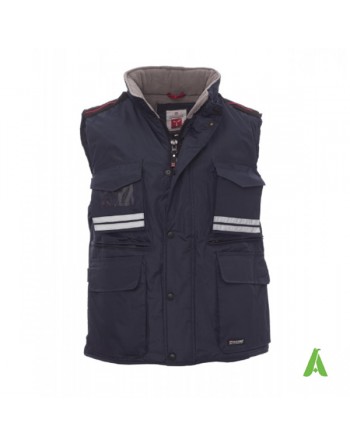 Gilet smanicato multitasche per aziende, blu navy, portabadge, ricamo personalizzato, tasca portacellulare, interno imbottito.