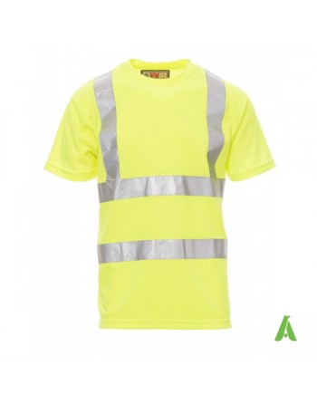 Tshirt alta visibilita' 100% poliestere, gialla fluorescente, personalizzata con ricamo, bande rifrangenti.