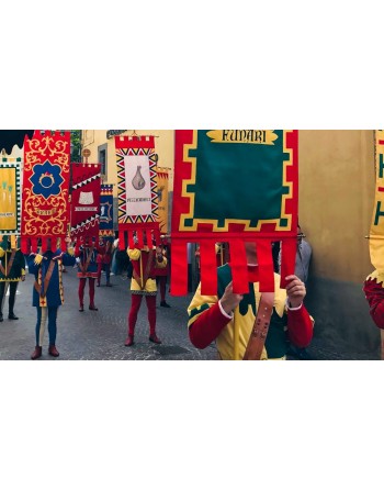 Bespoke Historical Banners with embroideries, printings, and middle age custom texts.