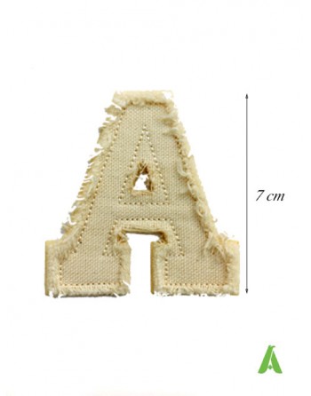 Letter A in beige cotton fabric to create personalized writings with fringed-vintage effect, to be ironed and sewn on clothing.