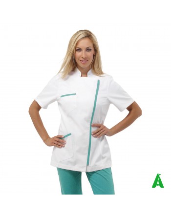 Casacca da medico donna personalizzabile con stampa o ricamo fino a 9 colori, colore bianco e verde 100% cotone