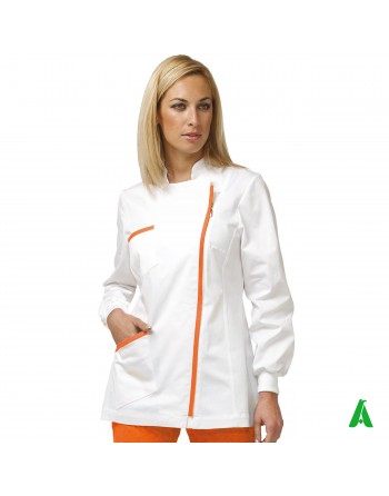 Casacca da medico donna personalizzabile con stampa o ricamo fino a 9 colori, colore bianco e arancio 100% cotone